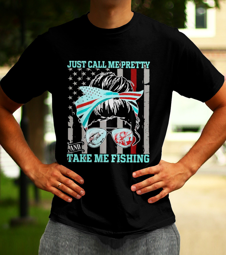 Just Call Me Pretty American Flag Bow Sunglasses Fishing T-Shirt