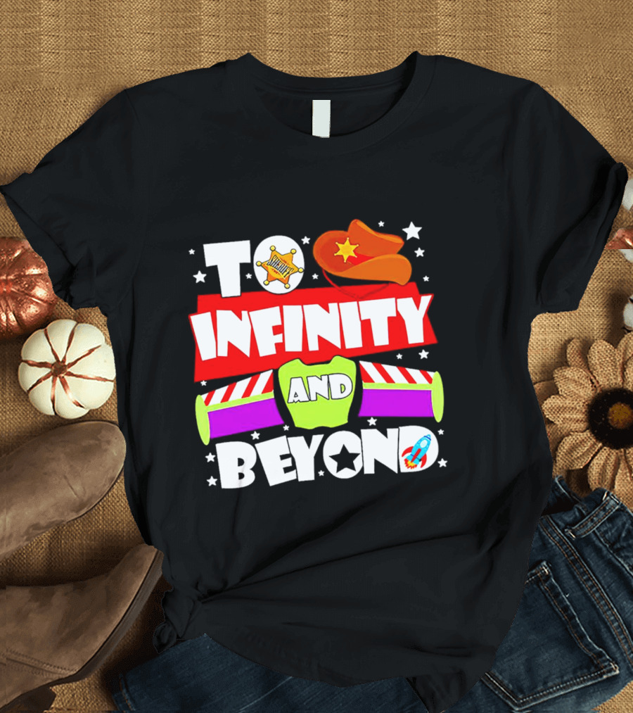 To Infinity And Beyond Toy Story Sheriff Badge Cowboy Hat Rocket T-Shirt