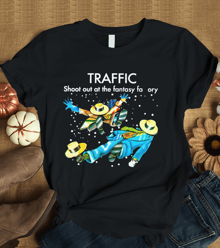 TRAFFIC Shoot Out At The Fantasy Factory With Flying Figures And Hats T-Shirt