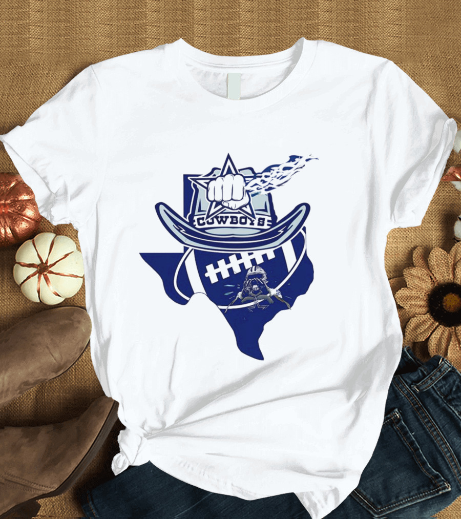 Texas Cowboys Star Hat Fist Football Map T-Shirt