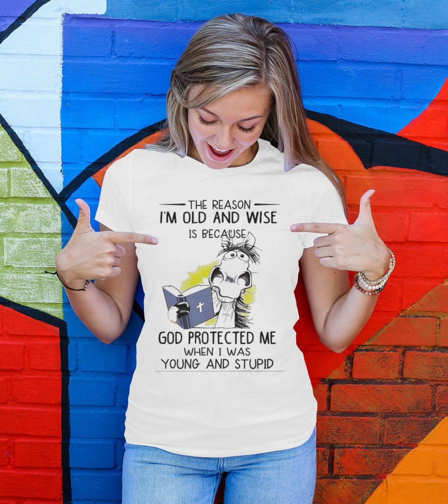 The Reason I'm Old And Wise Is Because God Protected Me When I Was Young And Stupid Cow Cartoon Reading Bible T-Shirt