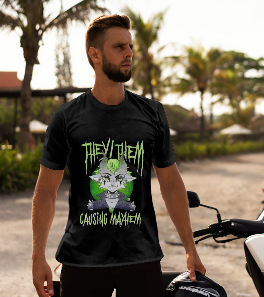 They Them Causing Mayhem Punk Monster Character With Green Hair And Spikes T-Shirt