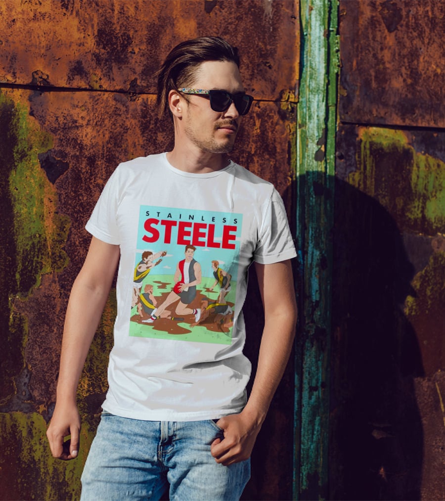 Stainless Steele AFL Football Hero In Action On Muddy Field T-Shirt