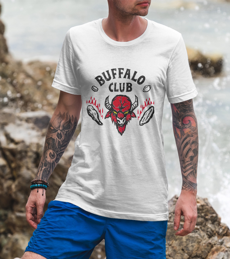Buffalo Club Red Fiery Horned Beast With Footballs And Wings T-Shirt