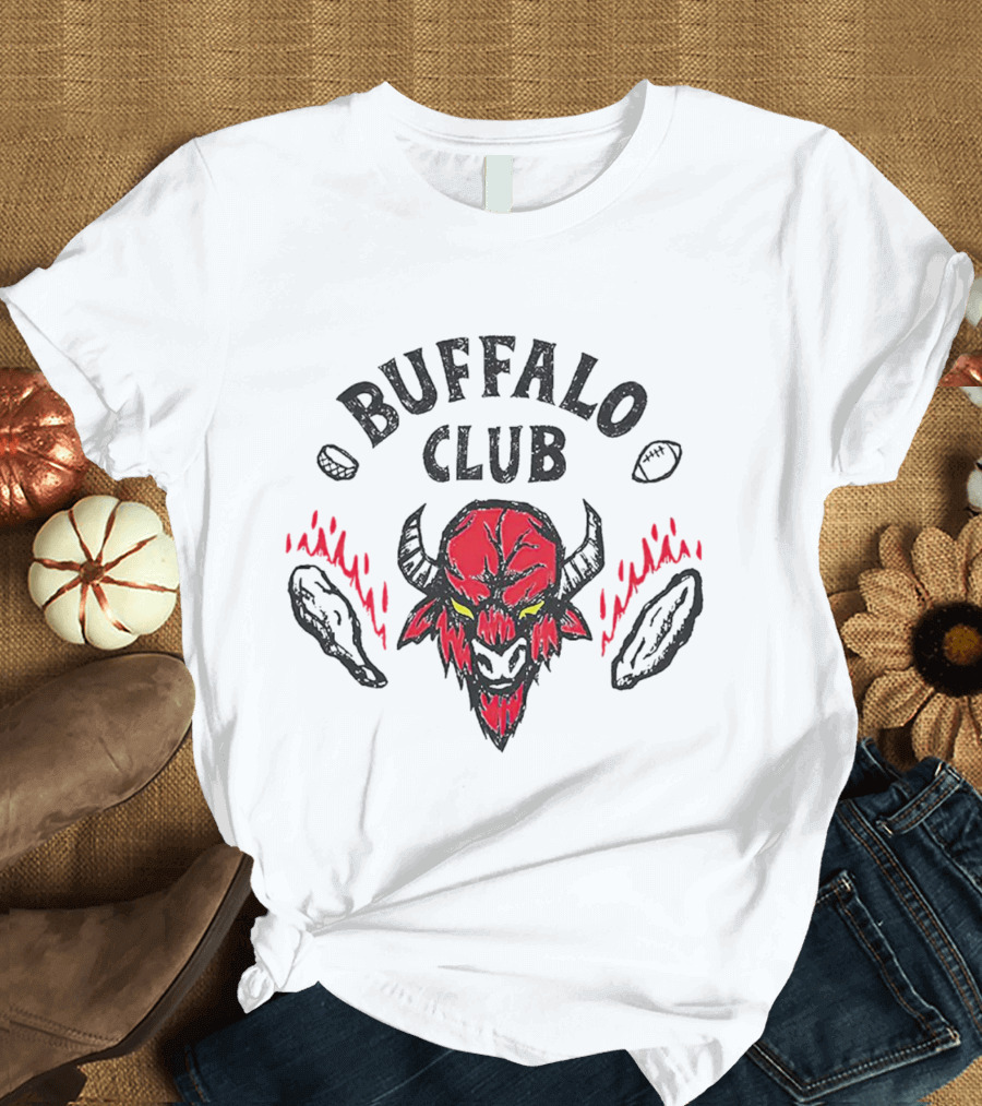 Buffalo Club Red Fiery Horned Beast With Footballs And Wings T-Shirt