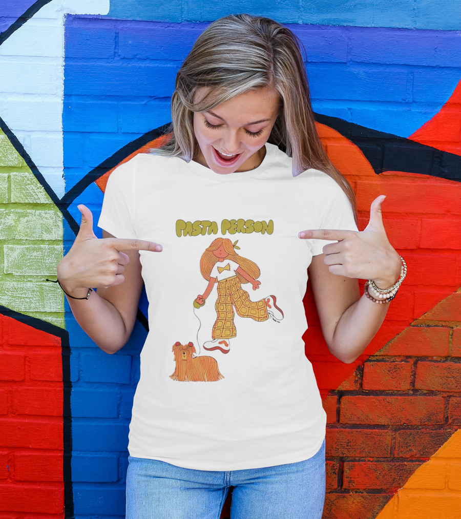 Pasta Person Walking Dog In Checkered Pants And White Sneakers T-Shirt