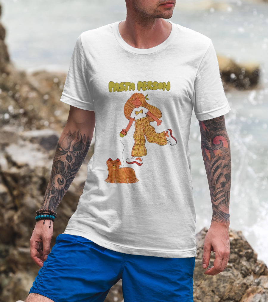 Pasta Person Walking Dog In Checkered Pants And White Sneakers T-Shirt