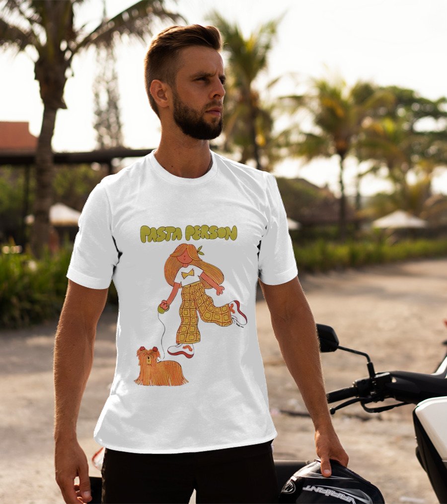 Pasta Person Walking Dog In Checkered Pants And White Sneakers T-Shirt