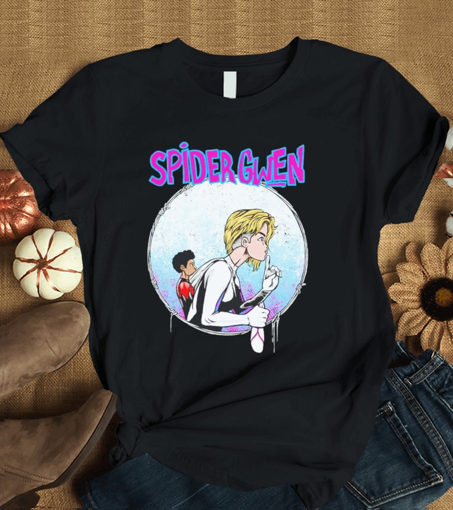 Spider-Gwen Silence Gesture With Spider Emblem Background T-Shirt