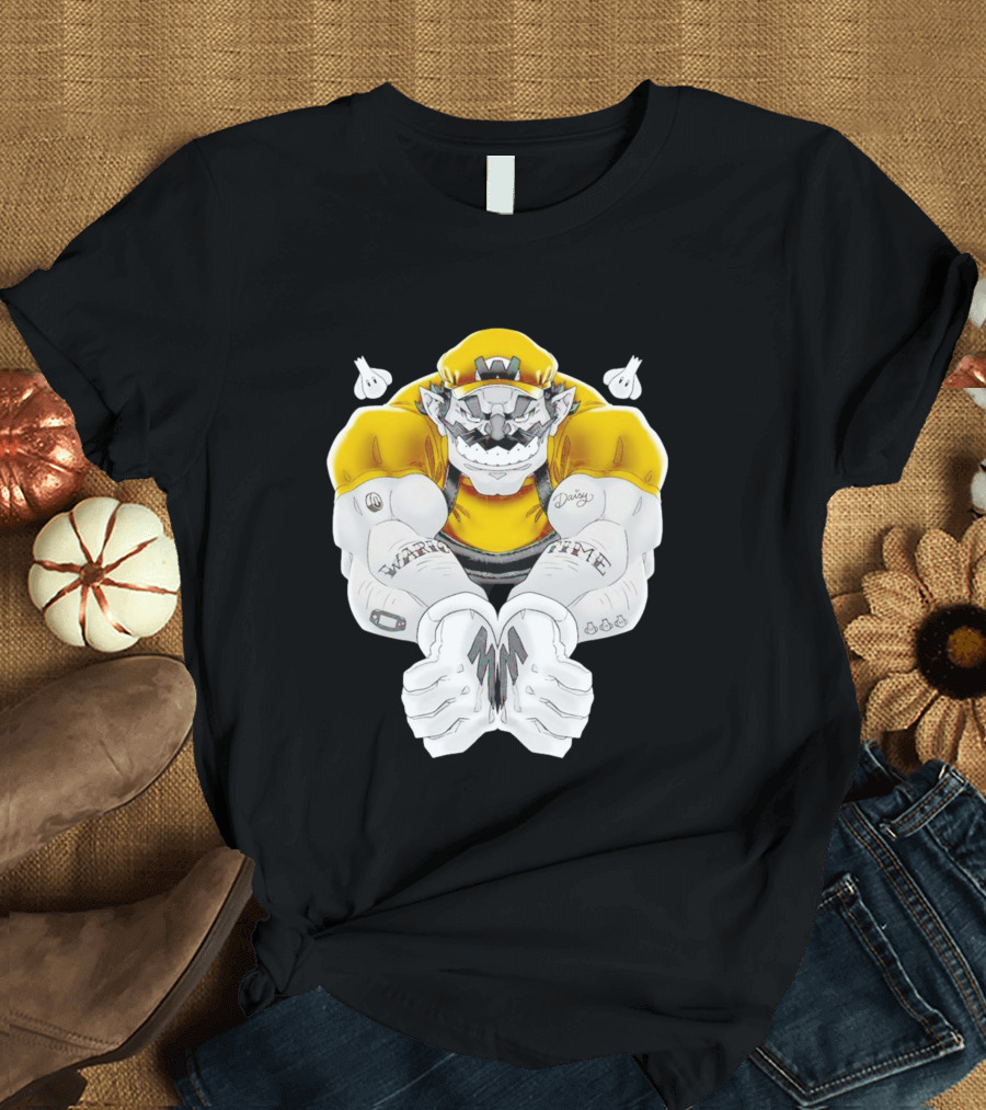Wario Time Mario Daisy Tattoo With Yellow Cap And Muscle Pose T-Shirt