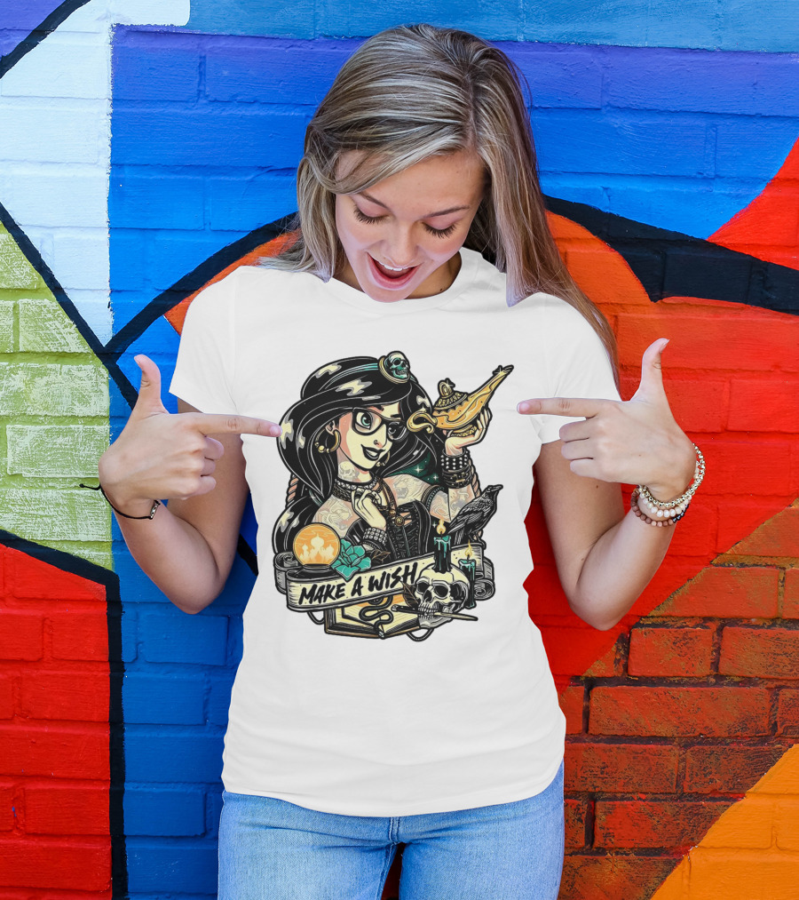 Jasmine Princess Aladdin Make A Wish Tattoo Style With Skull And Lamp T-Shirt