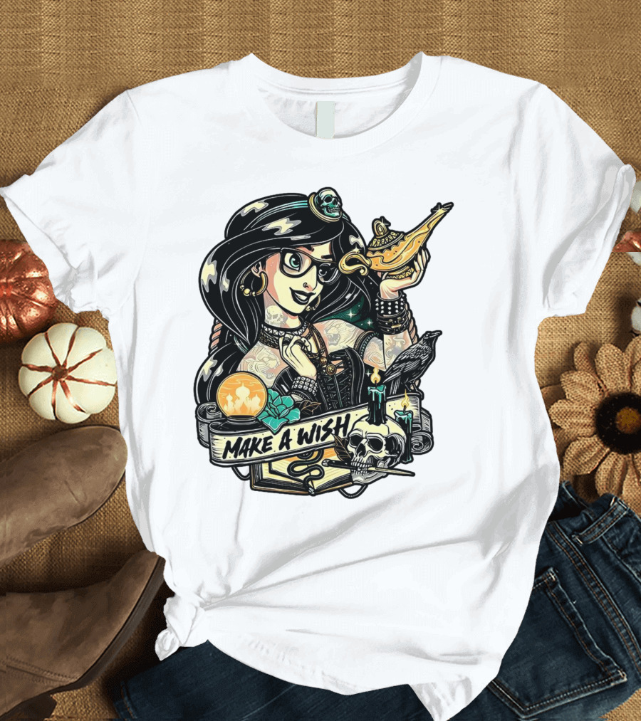 Jasmine Princess Aladdin Make A Wish Tattoo Style With Skull And Lamp T-Shirt