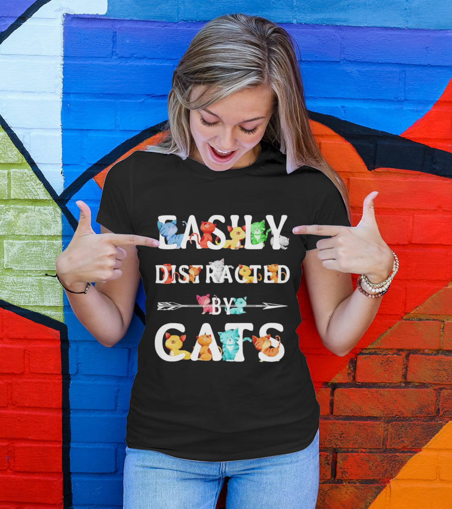 Easily Distracted By Cats Colorful Cartoon Kittens T-Shirt