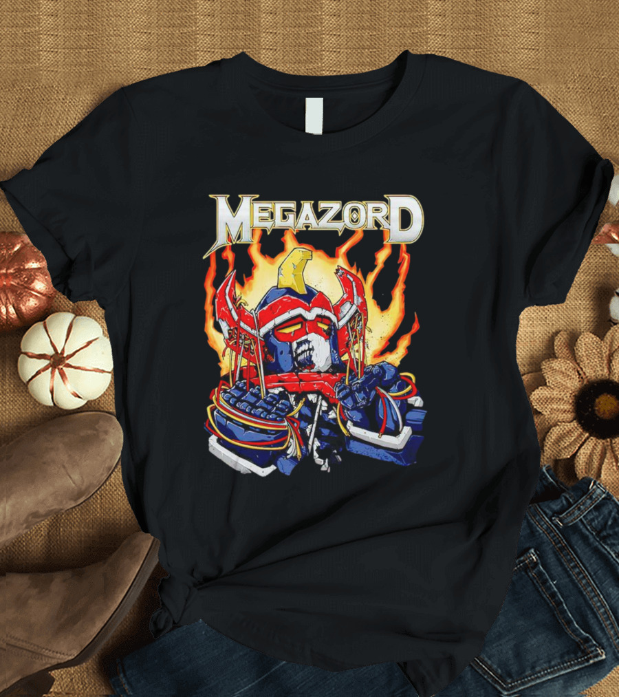 Megazord Power Rangers Mighty Morphin Flaming Robot Head T-Shirt