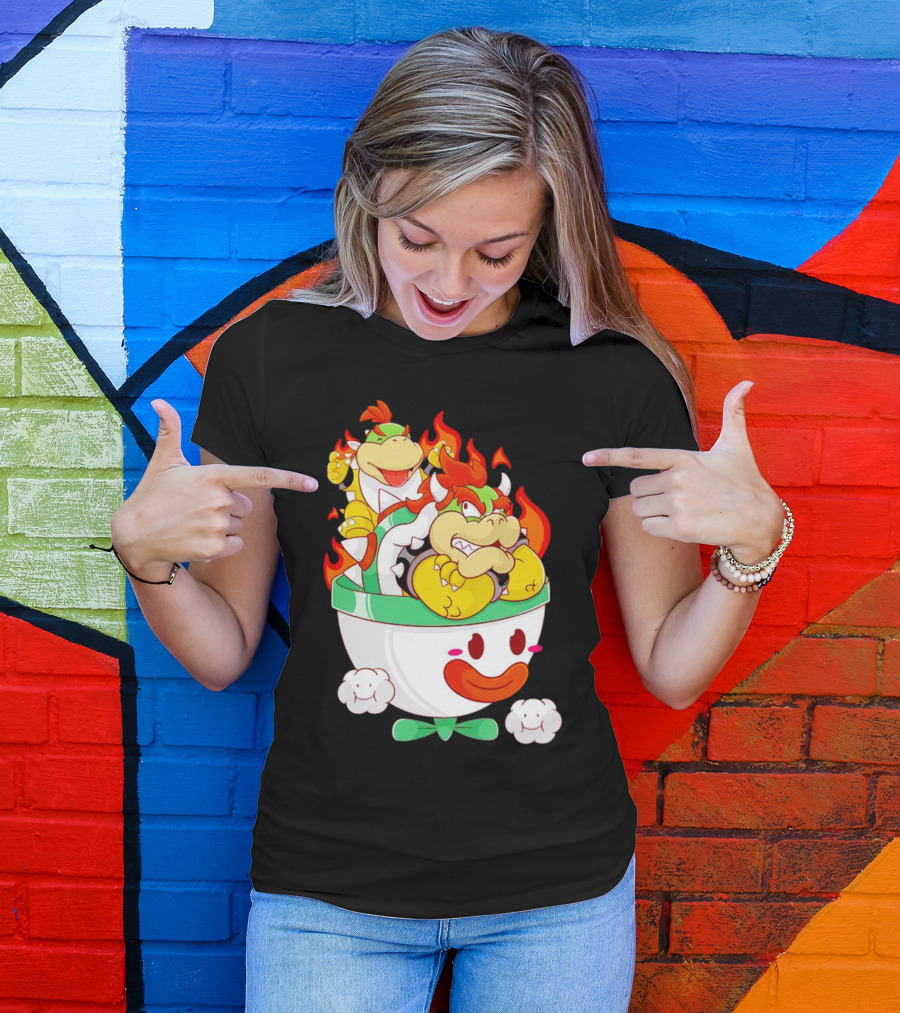 Bowser And Bowser Jr. Father And Son In Clown Car With Flames T-Shirt
