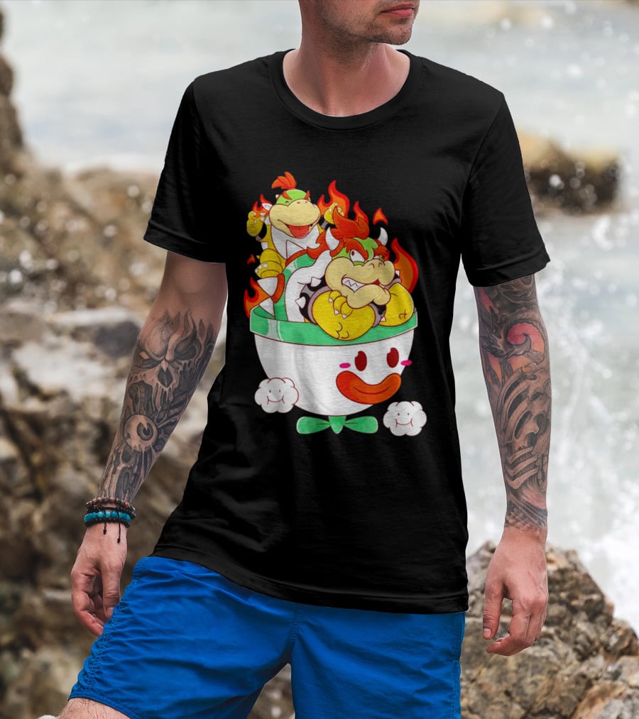 Bowser And Bowser Jr. Father And Son In Clown Car With Flames T-Shirt