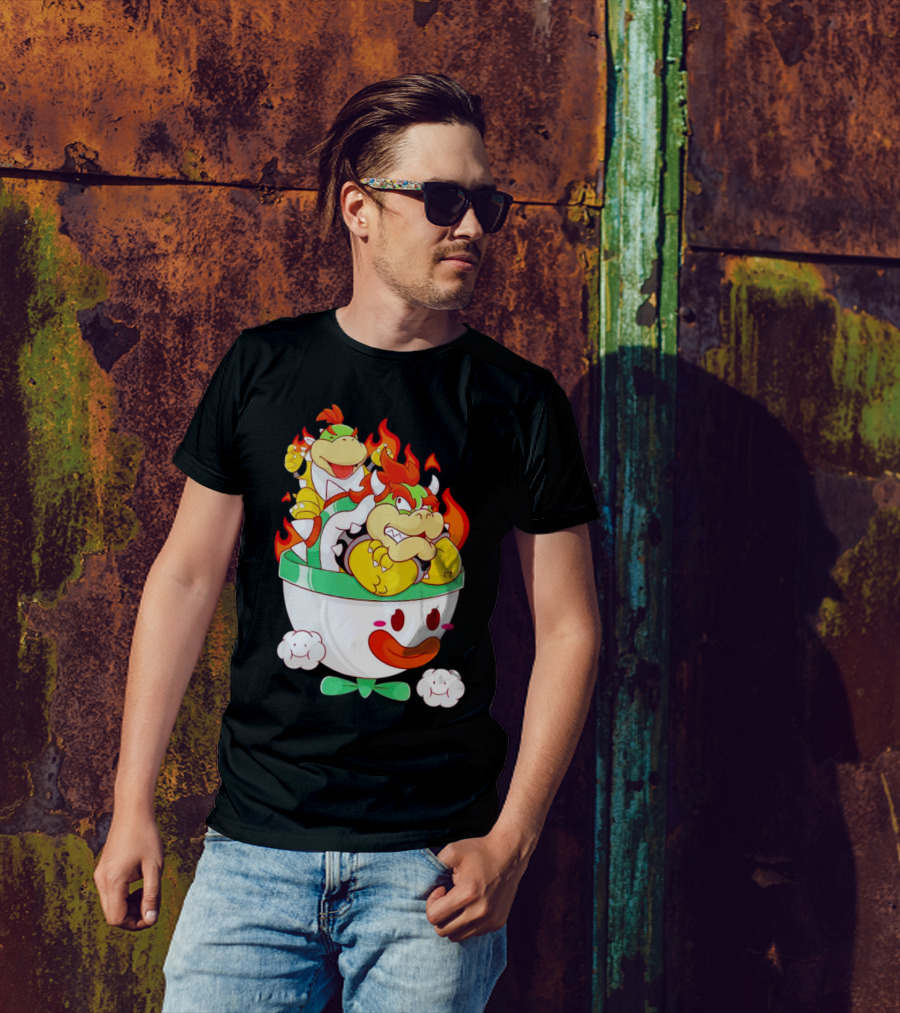 Bowser And Bowser Jr. Father And Son In Clown Car With Flames T-Shirt