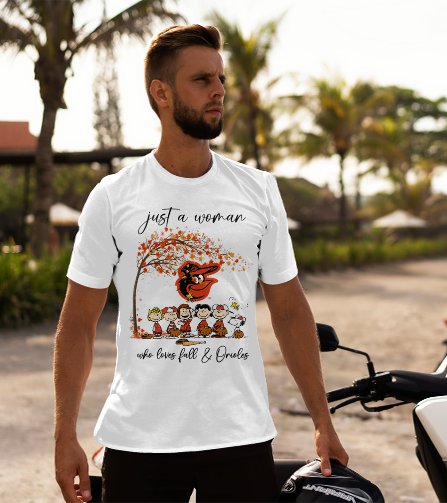 Just A Woman Who Loves Fall And Orioles Peanuts Football Thanksgiving T-Shirt