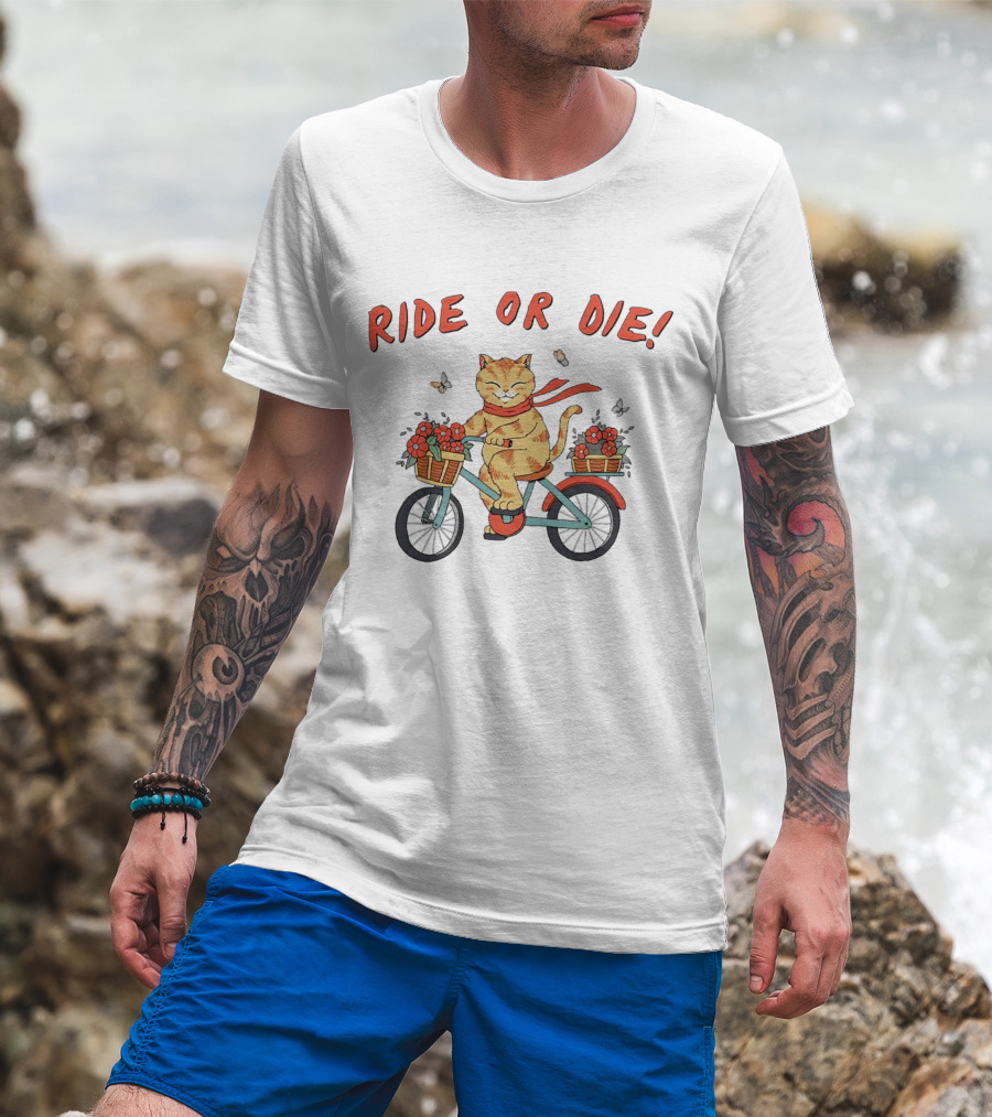 Ride Or Die Catana Bike Riding Cat With Flowers And Scarf T-Shirt