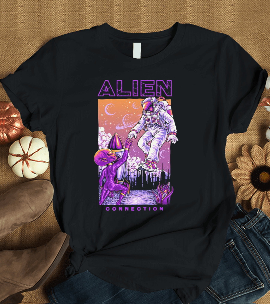 Alien And Astronaut Universal Bond Under Neon Cosmic Sky T-Shirt