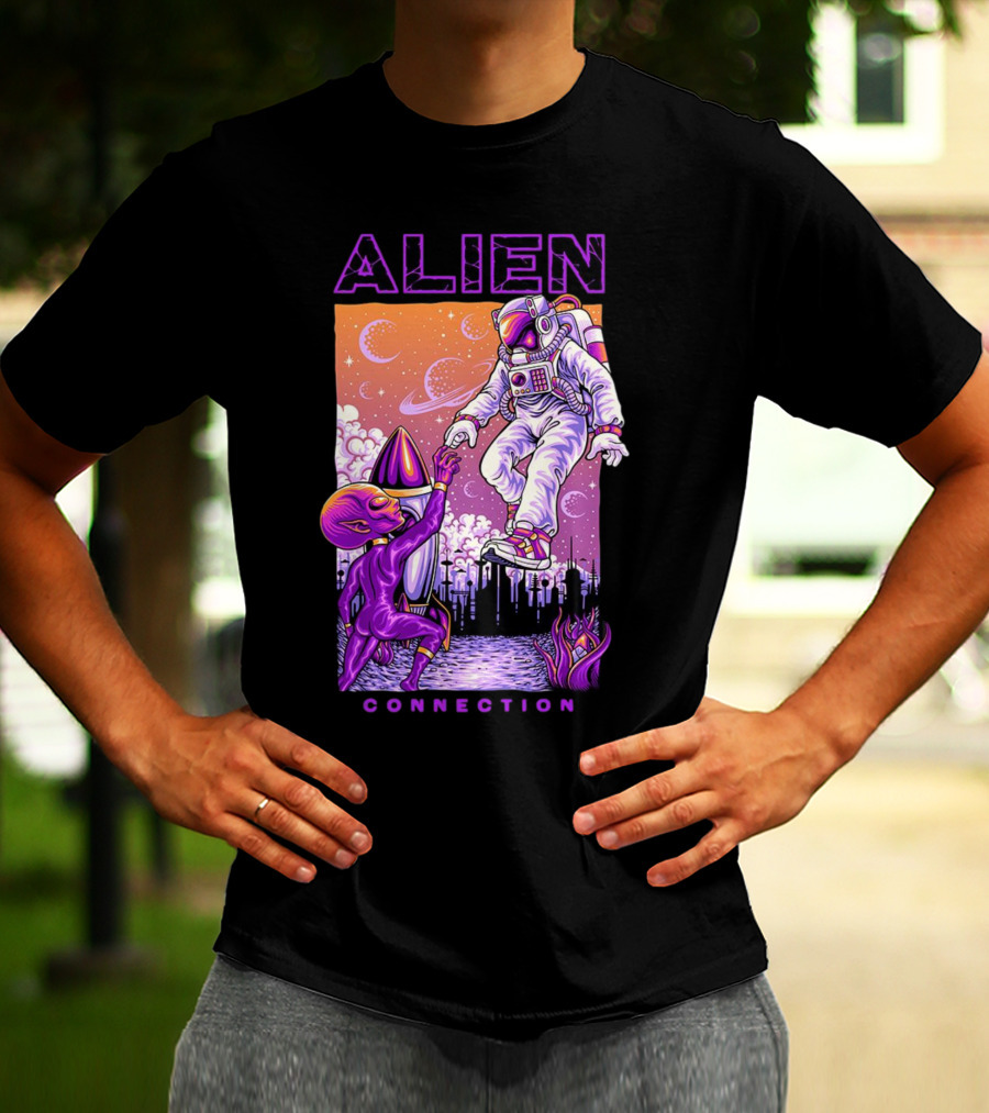 Alien And Astronaut Universal Bond Under Neon Cosmic Sky T-Shirt