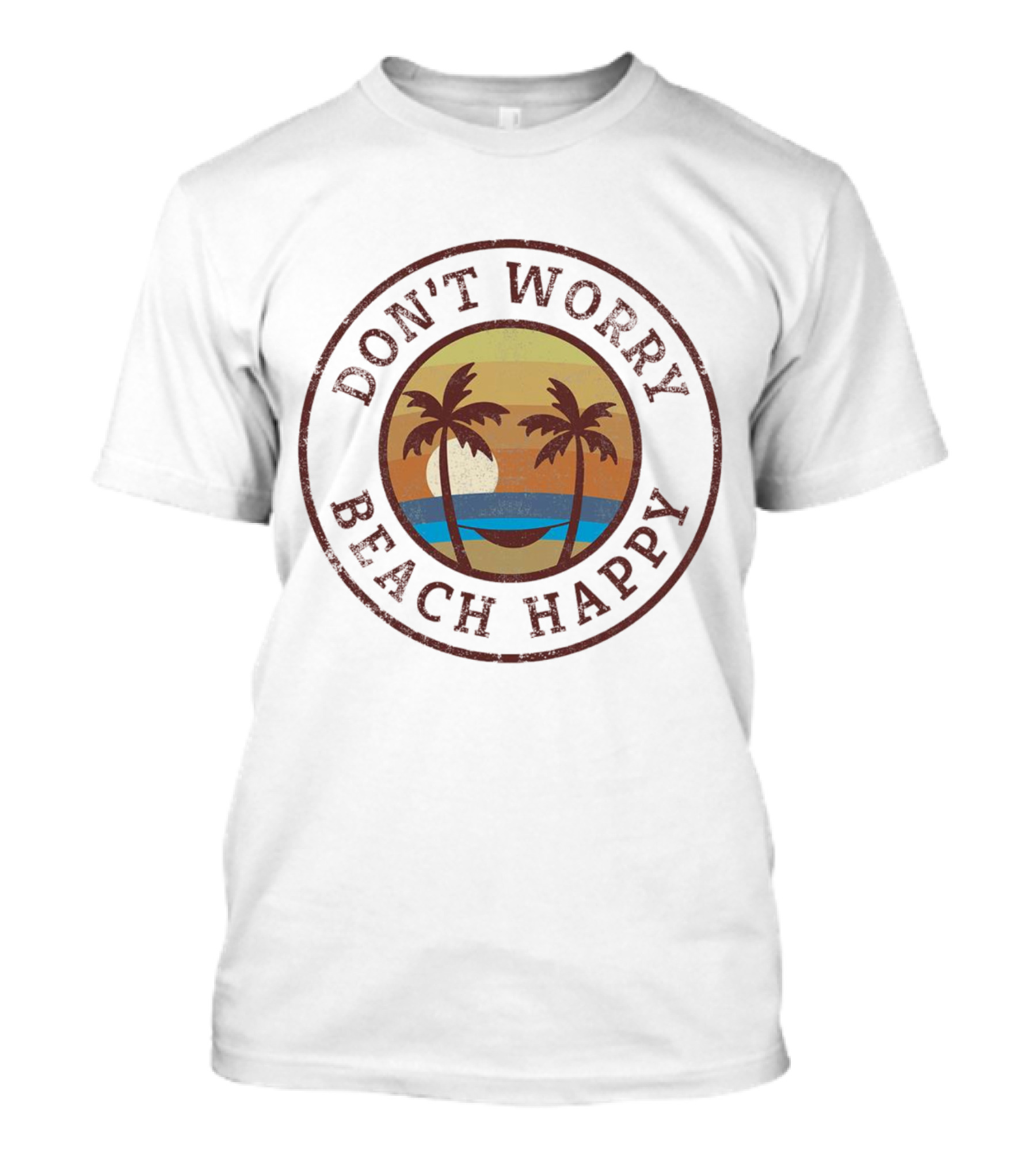 Don’t Worry Beach Happy Palm Trees Sunset Hammock Retro Circle T-Shirt