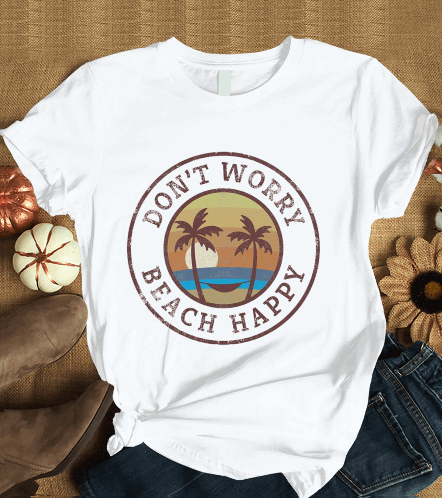 Don’t Worry Beach Happy Palm Trees Sunset Hammock Retro Circle T-Shirt