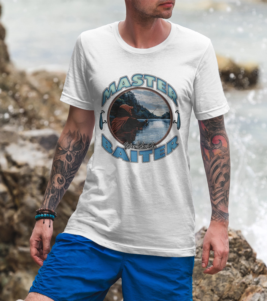 Master Baiter Worldwide Fishing Scene With Blue Text And Water Reflection T-Shirt
