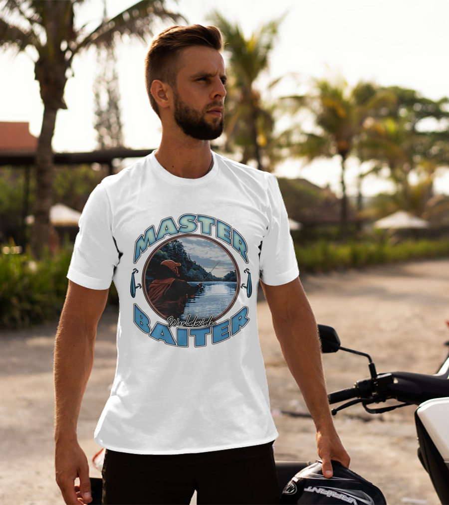 Master Baiter Worldwide Fishing Scene With Blue Text And Water Reflection T-Shirt