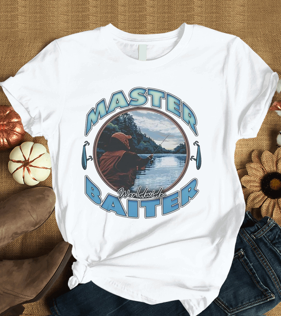 Master Baiter Worldwide Fishing Scene With Blue Text And Water Reflection T-Shirt