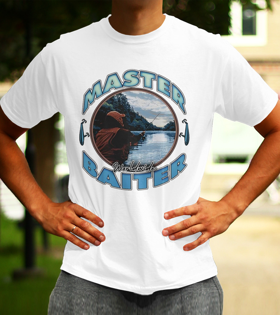 Master Baiter Worldwide Fishing Scene With Blue Text And Water Reflection T-Shirt