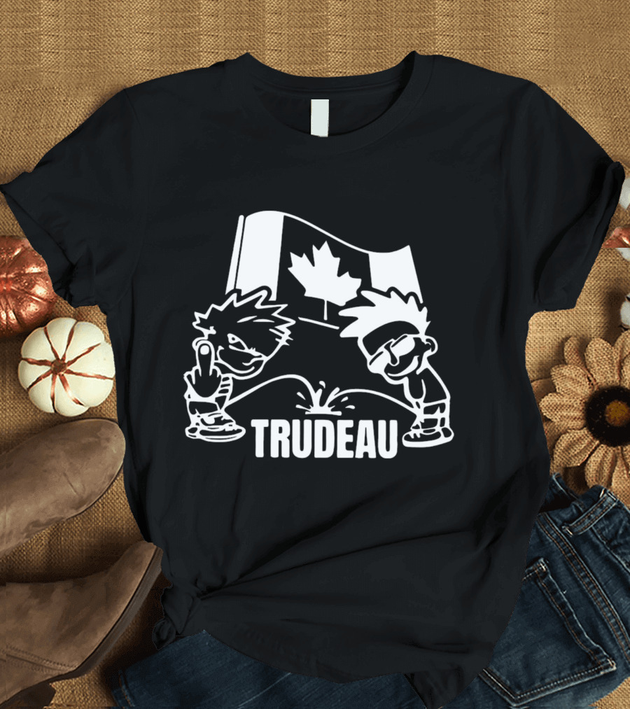 Trudeau Cartoon Characters With Middle Finger And Canadian Flag T-Shirt