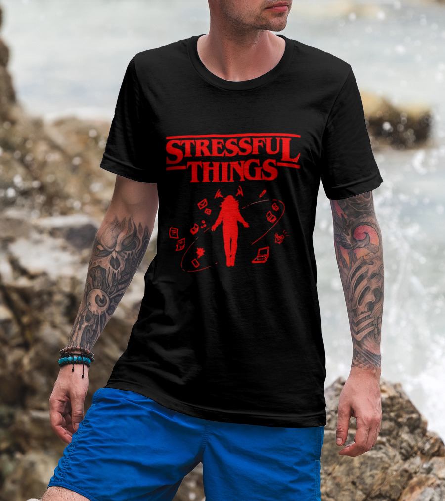 Stressful Things Floating Person With Scribbles And Electronics T-Shirt