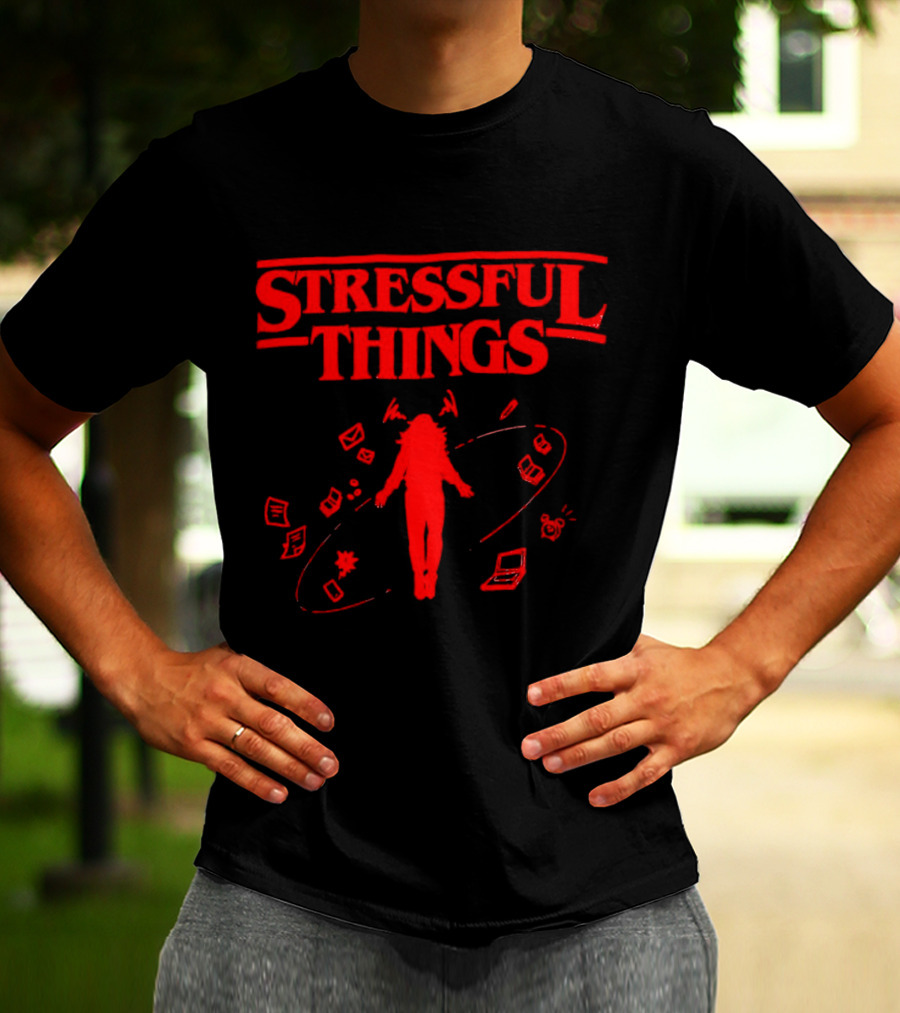 Stressful Things Floating Person With Scribbles And Electronics T-Shirt