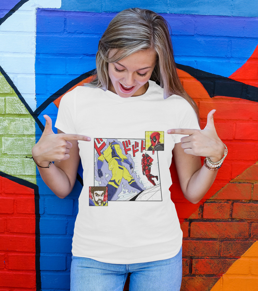 Intimate Enemies Deadpool Confrontation With Wolverine Comic Style Panel T-Shirt