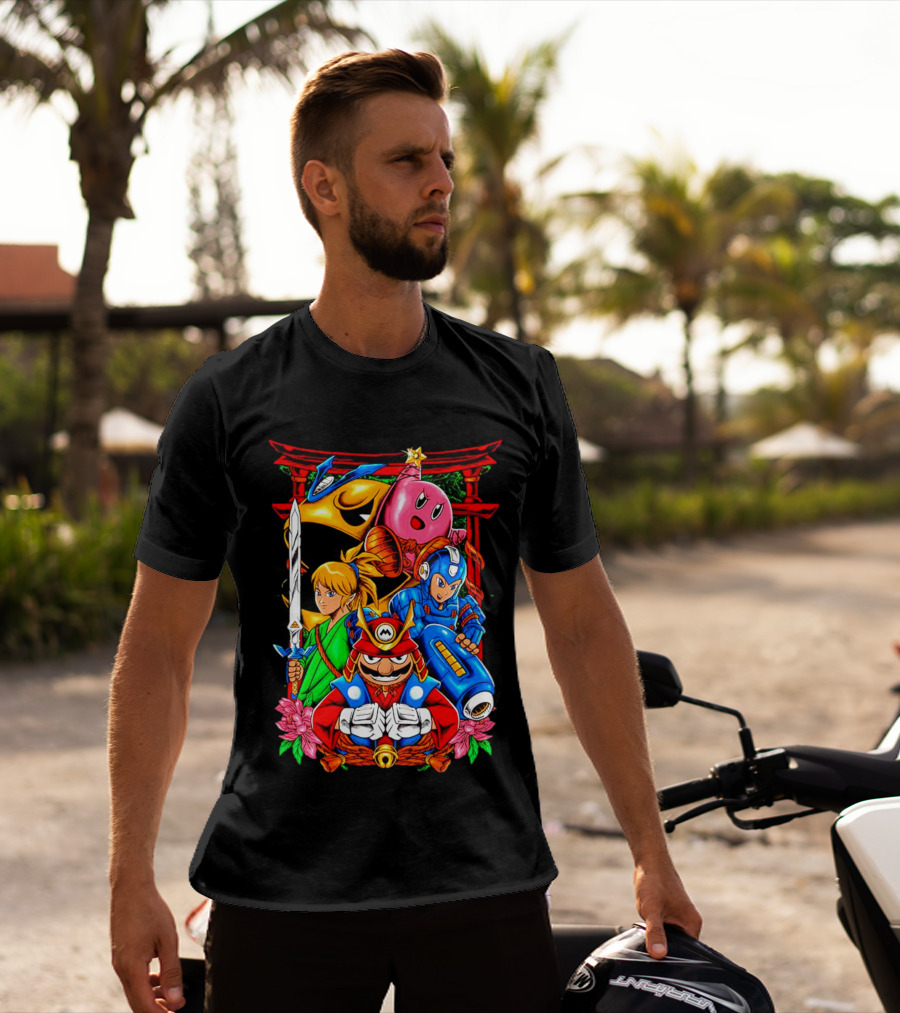 Game Heroes Showcase Pac-Man Kirby Link Mega Man Mario Collaboration T-Shirt