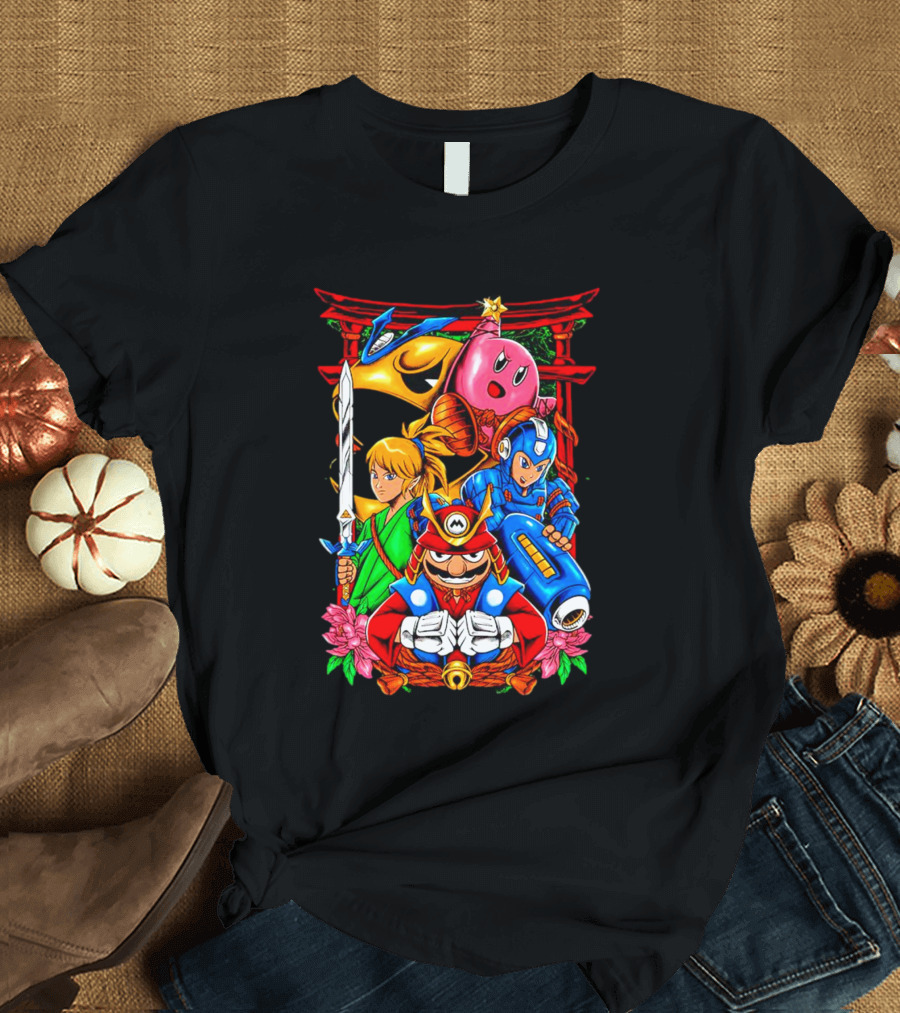Game Heroes Showcase Pac-Man Kirby Link Mega Man Mario Collaboration T-Shirt