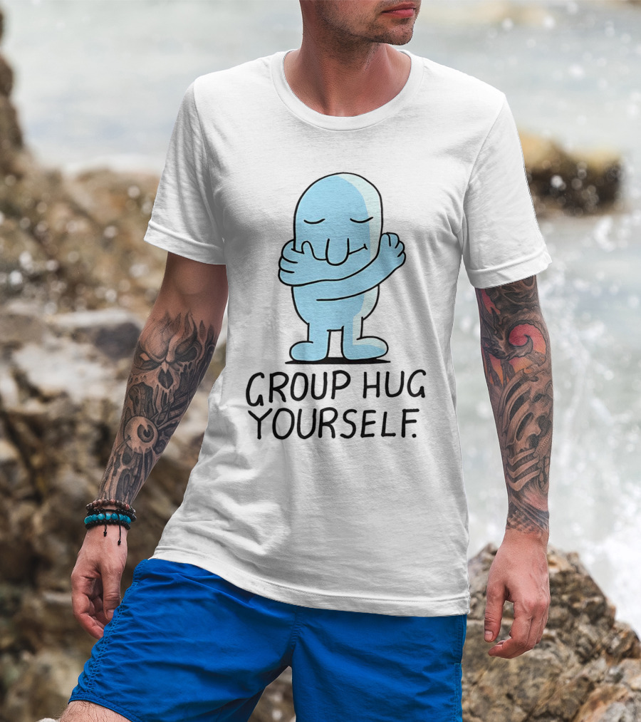 Group Hug Yourself Blue Cartoon Character Self-Embrace T-Shirt