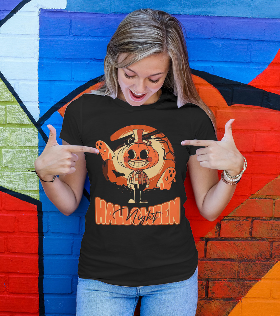 Halloween Night Pumpkin Head Boy With Ghosts And Bats T-Shirt