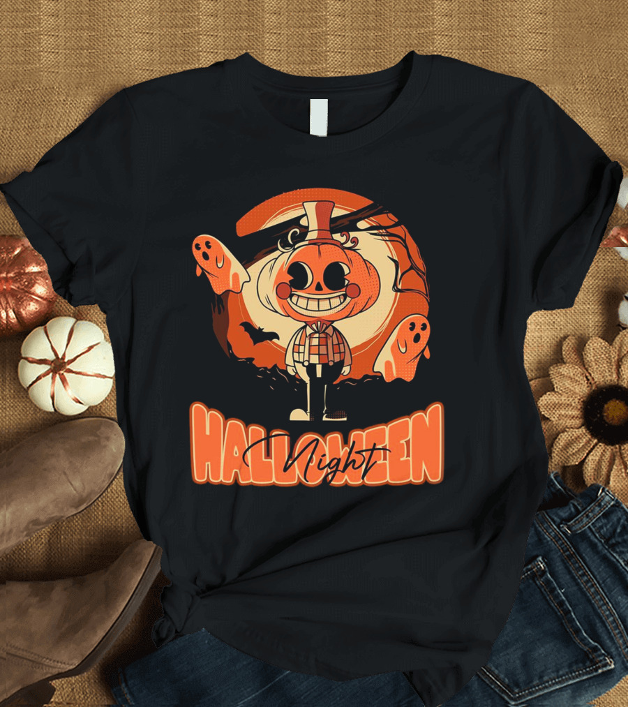 Halloween Night Pumpkin Head Boy With Ghosts And Bats T-Shirt