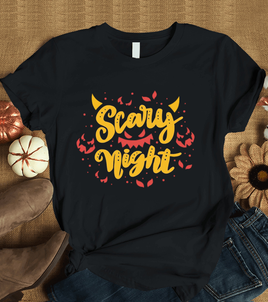 Scary Night Halloween Pumpkin Faces And Demon Horns T-Shirt