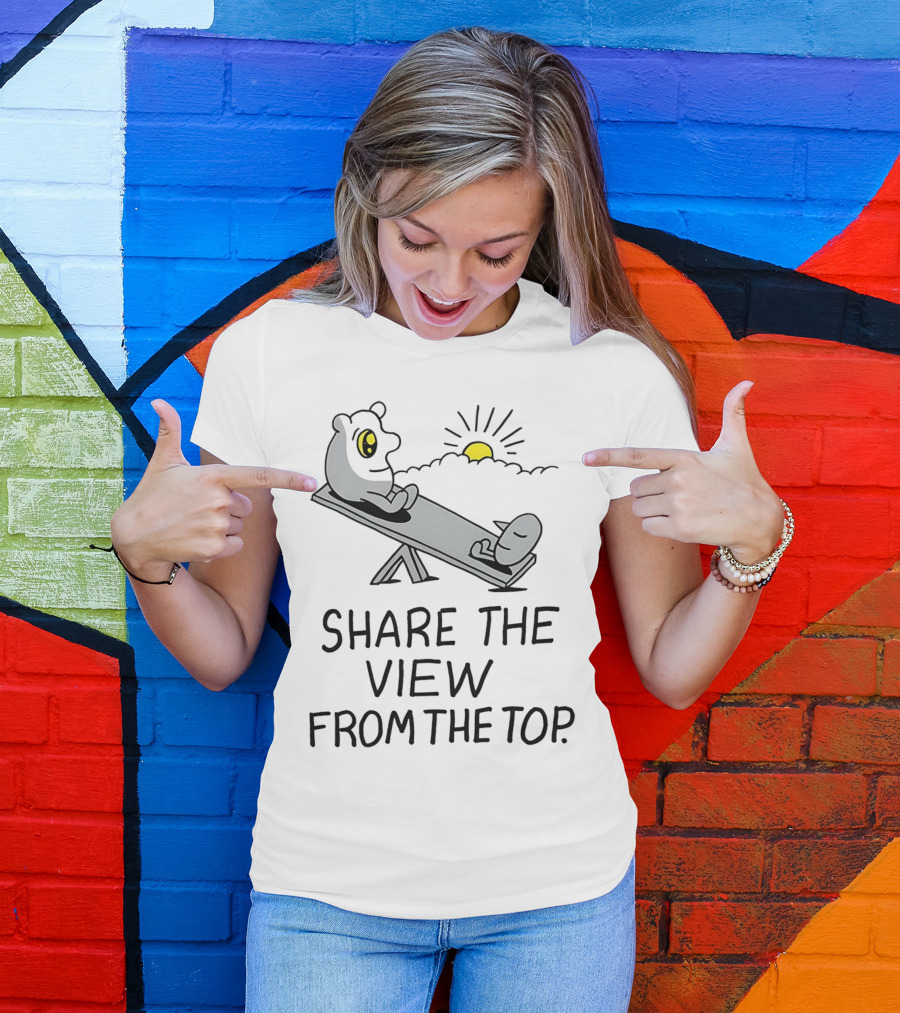 Share The View From The Top - Cartoon Figures On Teeter-Totter With Sunset T-Shirt