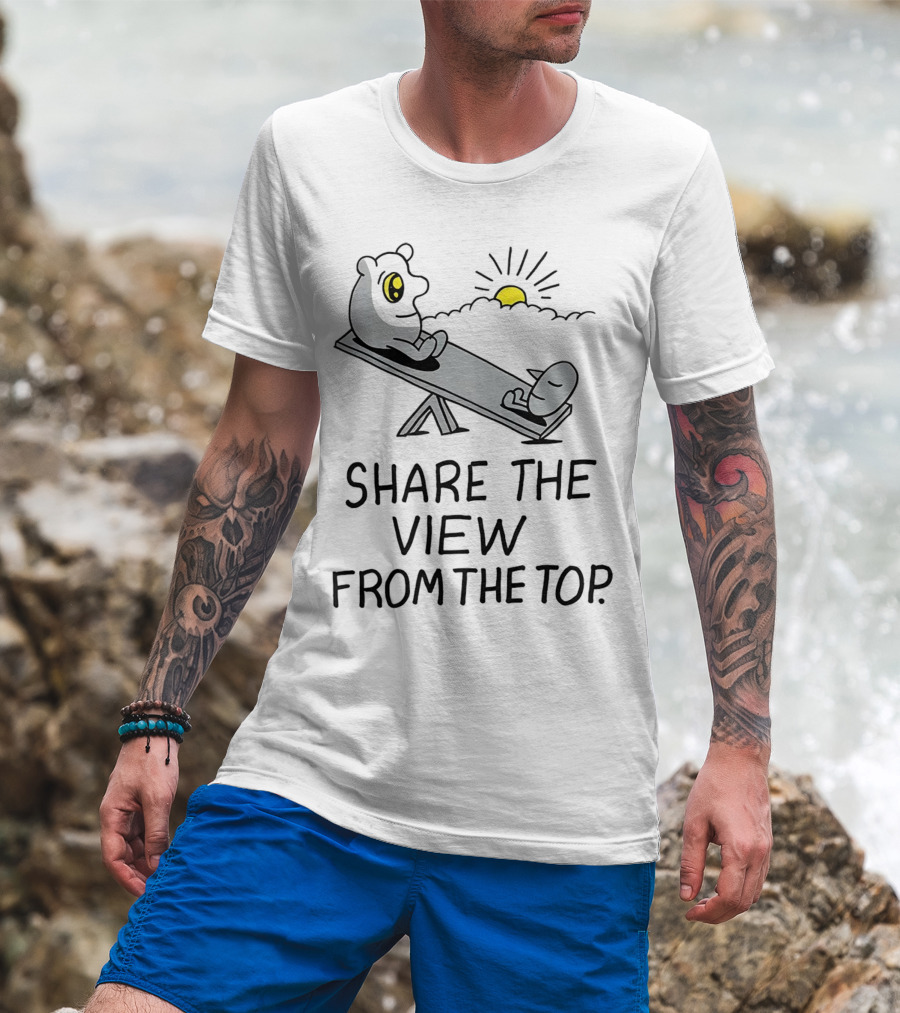 Share The View From The Top - Cartoon Figures On Teeter-Totter With Sunset T-Shirt
