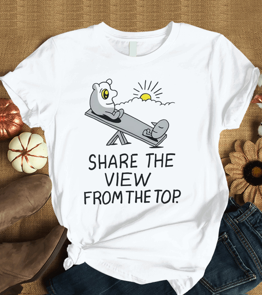 Share The View From The Top - Cartoon Figures On Teeter-Totter With Sunset T-Shirt