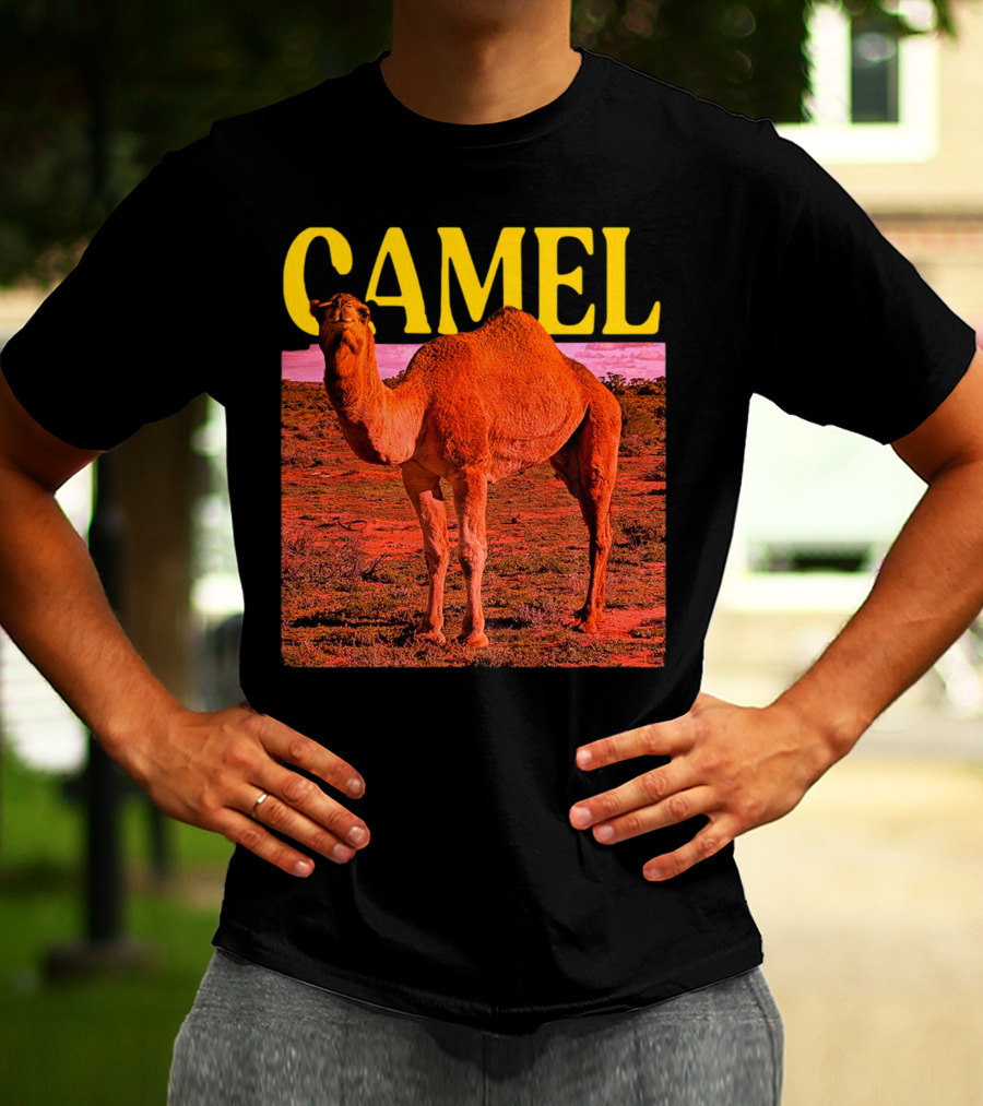 Camel In Vibrant Orange Desert Landscape T-Shirt