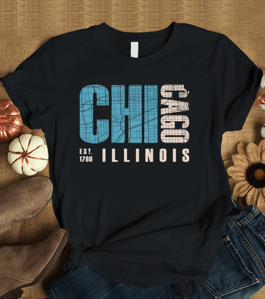 CHI Chicago Illinois Est. 1780 Map Typography T-Shirt