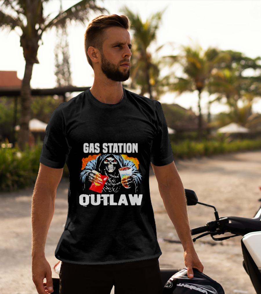 Gas Station Outlaw Chips Fiery Skull T-Shirt