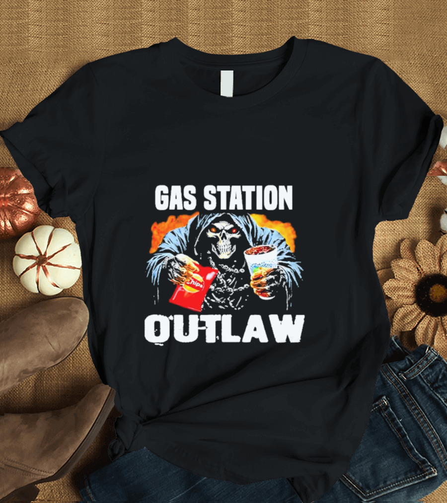 Gas Station Outlaw Chips Fiery Skull T-Shirt