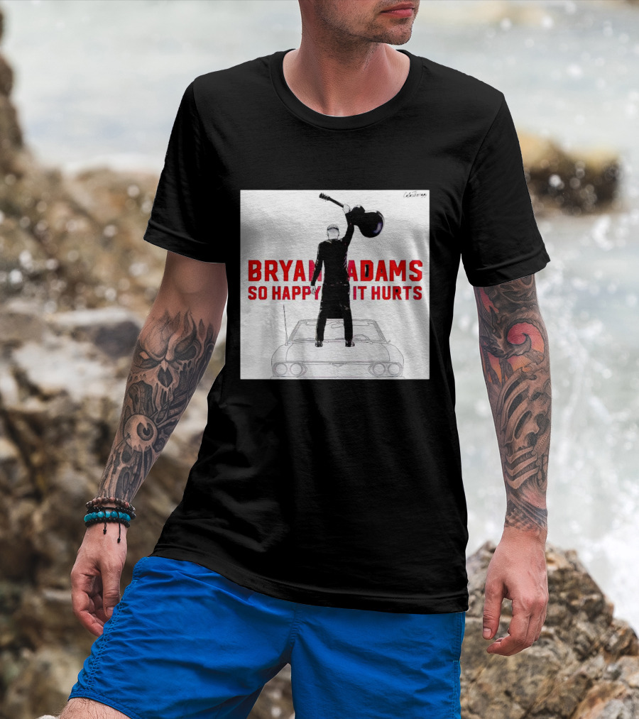 Bryan Adams So Happy It Hurts Album Cover Art Standing On Car With Guitar T-Shirt