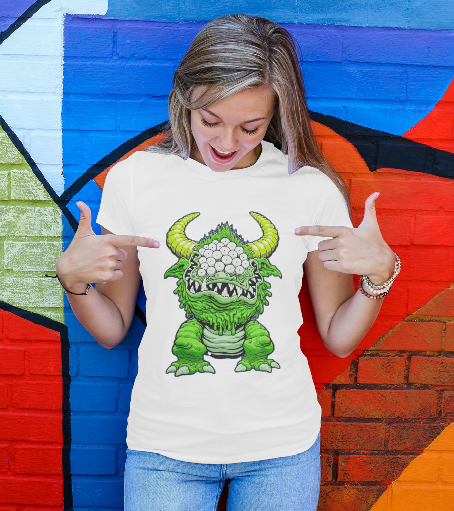Black Beast Of Aaaarrgghh Multi-Eyed Green Monster With Horns T-Shirt